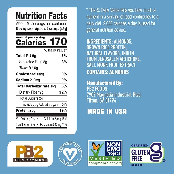 PB2 Performance Almond Plant Based Vegan Protein Powder | 20g Complete Protein No Added Sugar Prebiotic Fiber | Dairy Free Certified Vegan Non-GMO Gluten Free [Almond w/Madagascar Vanilla 1LB]