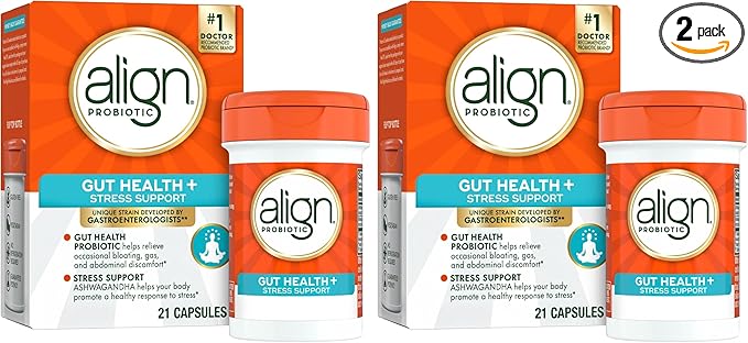 Align Probiotic Gut Health + Stress Support with Probiotics for Digestive Health and Ashwagandha to Help Calm Mind and Body* #1 Doctor Recommended Brand‡ 21 Capsules (Pack of 2)