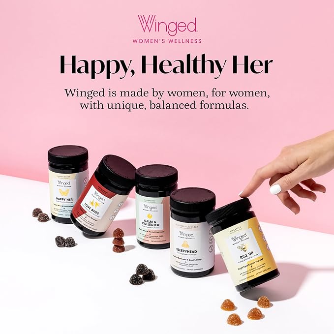 Winged Wellness Happy Her Mood Gummies - Daily Mood Enhancer Support Supplement for Women - Vitamin D with Saffron Lemon Balm &amp Lions Mane Mushrooms for Balance &amp Calming Relief - 50 Vegan G