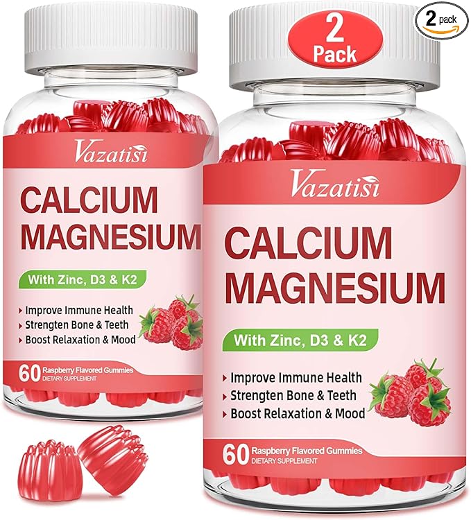 Calcium Magnesium Zinc Gummies with Vitamin D3 &amp K2 High Absorption Magnesium Glycinate Potassium for Immune and Calm Mood Raspberry Flavor 120 Gummies