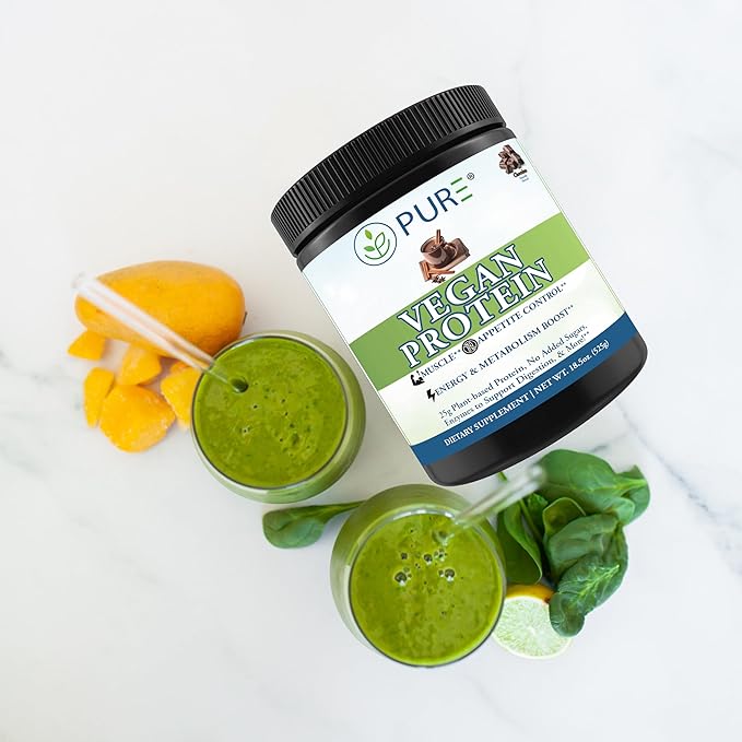 PURE® Vegan Protein Powder - 25g Plant Based Protein 15 Servings - Pea &amp Mung Bean Blend with Digestive Enzymes - Dairy-Free - Muscle Recovery &amp Appetite Control - Chocolate 525 Grams