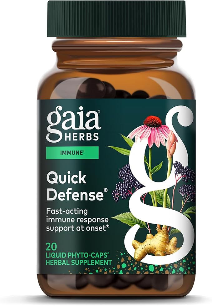 Gaia Herbs Quick Defense - Fast-Acting Immune Support Supplement* - Echinacea Black Elderberry Ginger &amp Andrographis - 20 Vegan Liquid Phyto-Caps (10 Servings)