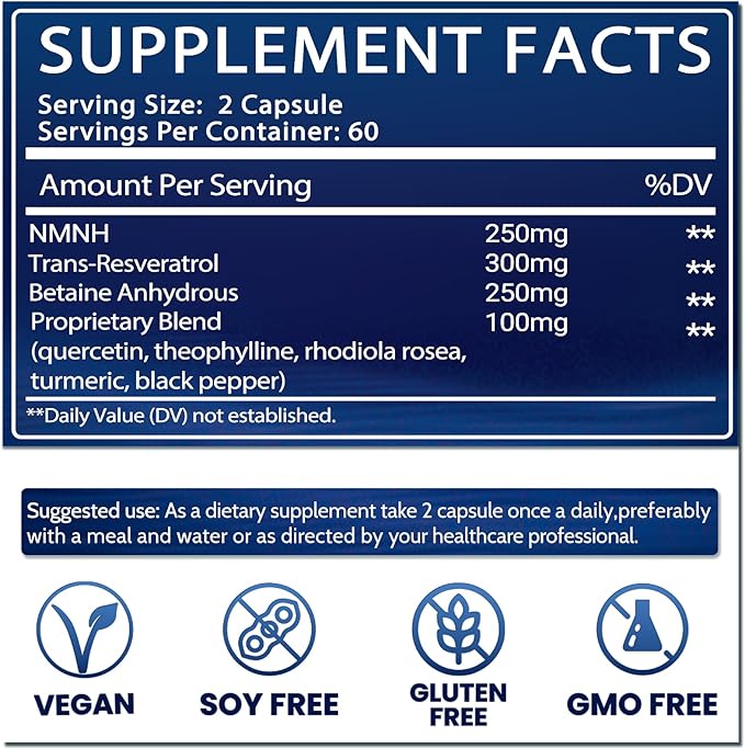 High-Purity NMN Supplement Alternative for Women： Liposomal NMNH + Trans-Resveratrol + TMG | Boosts NAD+ Levels Cellular Regeneration &amp Radiant Skin - 60-Day Anti-Aging Formula