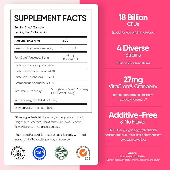 Vaginal Probiotics for Women pH Balance with Lactobacillus Probiotic &amp Cranberry White Pomegranate Women's Vaginal Health Supplement Healthy Vaginal Odor &amp Vaginal Flora 30Ct (Pack of 1)