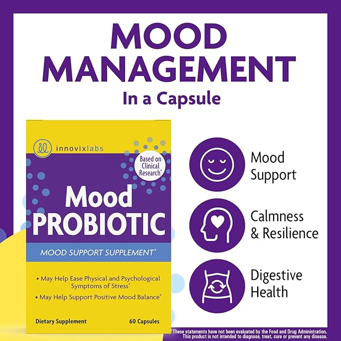 InnovixLabs Mood Probiotic for Women &amp Men Clinically Studied Digestive &amp Mood Support Supplement Lactobacillus helveticus Rosell-52ND &amp Bifidobacterium longum Rosell-175 60 Capsules