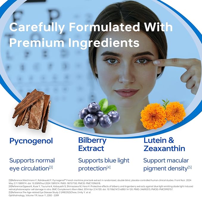 HUJ Eye Health - Eye Supplement for Adults with Pycnogenol®(French Maritime Pine Bark Extract)Bilberry ExtractLutein - Supports Vision Eye Function and Blue Light Protection* - 30 Capsules