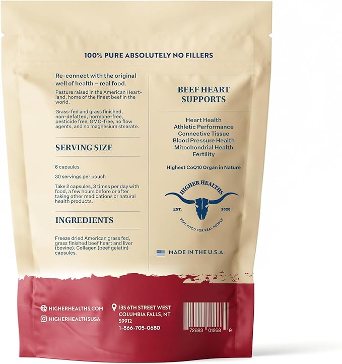 100% Beef Heart Supplement - 180 Count Freeze Dried Grass Fed Beef Organs Supplement for Women &amp Men with Omega-3S &amp CoQ10 - Non-GMO No Fillers &amp No Additives - Real Food Sourced &amp
