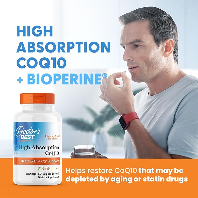 Doctor's Best High Absorption CoQ10 200mg with BioPerine Supplement - Coenzyme Q10 Softgels for Heart Health &amp Antioxidant Support CoQ10 200 mg for Women &amp Men Non GMO - 60 Veg Softgels