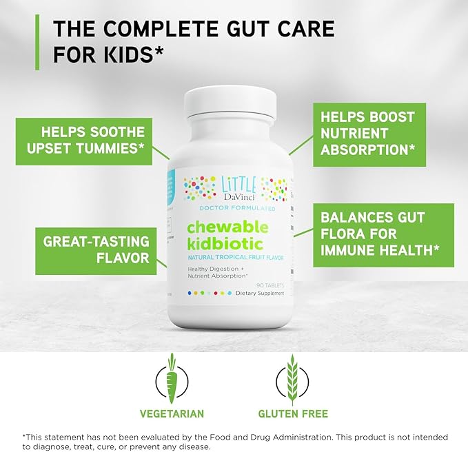 DAVINCI Labs Chewable Kidbiotic - Kids Probiotics to Support Digestion a Healthy Gut Brain Health and Immunity - with Probiotics Amylase and More - Tropical Fruit Flavor - 90 Chewable Tablets