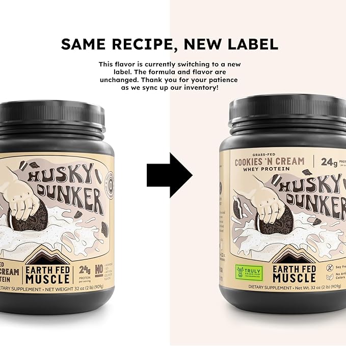 Earth Fed Muscle Husky Dunker Cookies N' Cream Truly Grass Fed Whey Protein Powder - No Artificial Ingredients Soy Free Non-GMO and Hormone Free (2 Pound 27 Servings Cookies n' Cream)