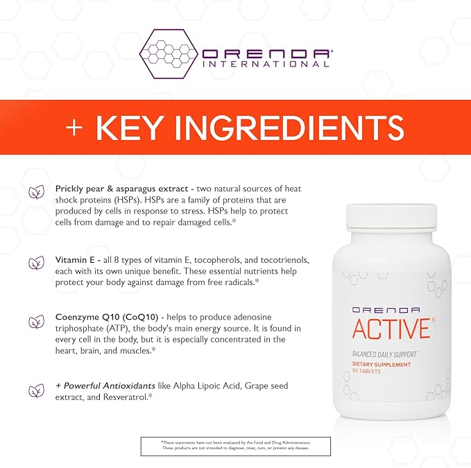 Orenda Active® - Infused with Prickly Pear Asparagus Extracts and a Potent Blend of Essential Nutrients Energy Boost Immune Support and Glowing Skin. Proteins Vitamin E CoQ10 90 Capsules
