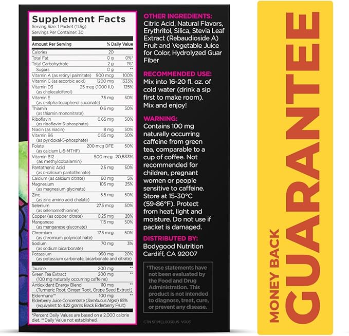 Pureboost Immune Clean Energy Booster Refreshing Energy Drink Mix and Immunity Supplement with Elderberry 1200 mg Vitamin C Vitamins A + D and Zinc. (Elderberry Power 30 Count)