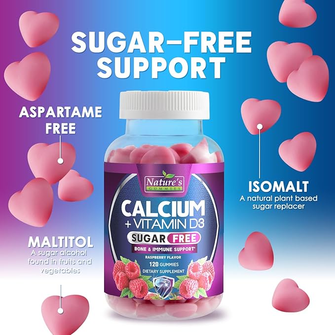 Calcium Supplement Gummies - Sugar Free Calcium Gummy with Vitamin D3 for Best Absorption - Supports Immune Health Bones &amp Teeth - Nature's Calcium Chews for Women &amp Men - Berry Flavor - 120