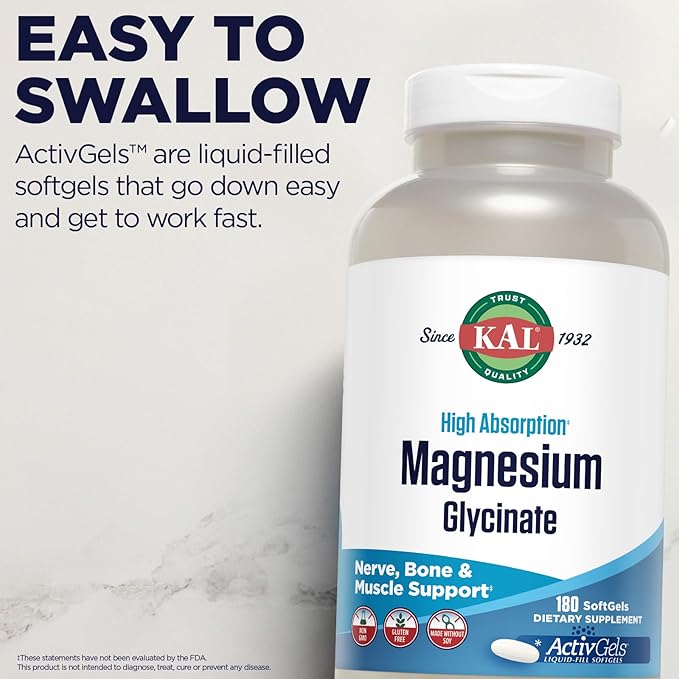 KAL Magnesium Glycinate ActivGels 315mg Fully Chelated High Absorption Magnesium Supplement for Relaxation Muscle &amp Bone Support Non-GMO Gluten Free 60 Servings 180 Softgels