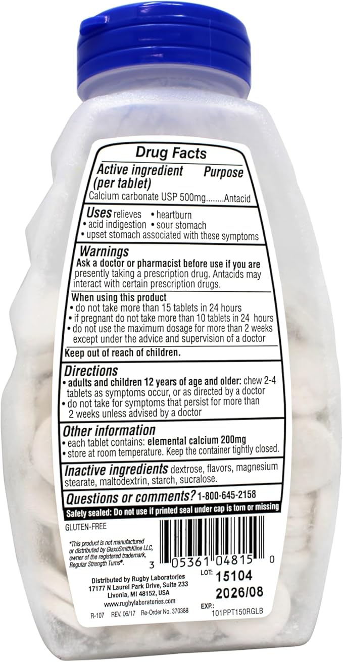 Rugby Calcium Carbonate 500mg Antacid Tablets Peppermint Regular Strengh 150 Chewable Tablets - 6 Pack