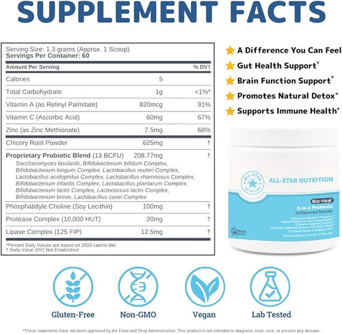 5-in-1 Bio-Heal® Probiotic for Kid Men &amp Women (Powder) - Best Supplement for Brain Function Gut Health &amp Constipation - Shelf Stable &amp Fortified with Vitamins Minerals &amp Prebiotics