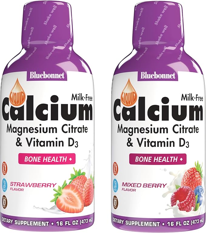 Bluebonnet Nutrition Liquid Calcium Magnesium Citrate &amp Vitamin D3 Daily Bone Support Supplement - Strawberry &amp Mixed Berry Bundle