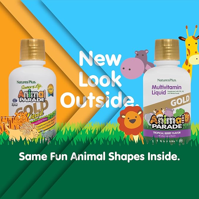 NaturesPlus Animal Parade Gold Children's Liquid Multivitamin - 16 fl oz Pack of 2 - Natural Tropical Berry Flavor - Gluten Free Vegan - 64 Total Servings