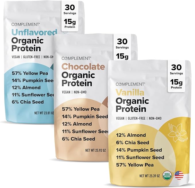 Complement Organic Protein Bundle | Unflavored Chocolate &amp Vanilla Vegan Protein for Post-Workout Recovery &amp Daily Nutrition