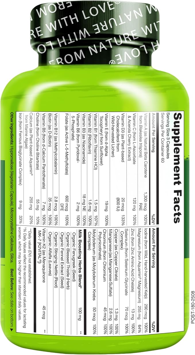 NATURELO Postnatal Multivitamin - Supplement for Breastfeeding Women - Plant-Based Vitamin D Folate Gentle Iron - for Nursing Mother Baby - Post Natal Lactation Support - 180 Count (Pack of 2)