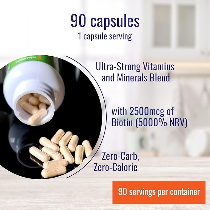 Nutri-Align Hair Defence Biotin Complex for Keto and Fasting | 90 Capsules | High Strength Hair Growth Biotin - 2500mcg Biotin per Capsule | Vitamin A Folic Acid &amp Calcium
