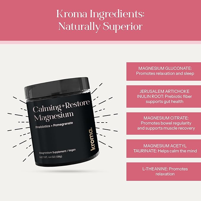 Kroma Calming + Restore Magnesium Powder – Magnesium Citrate with L-Theanine for Relaxation Sleep Cycle &amp Digestive Support – Muscle Recovery Supplement – Pomegranate Flavor – 4.4 oz 30 Servings