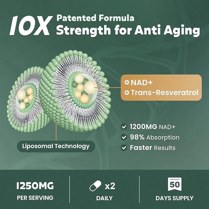 Liposomal NAD+ Supplement 1200mg with Trans Resveratrol - Boost NAD+ Levels Energy &amp Anti-Aging Support - Vegan 100 Capsules