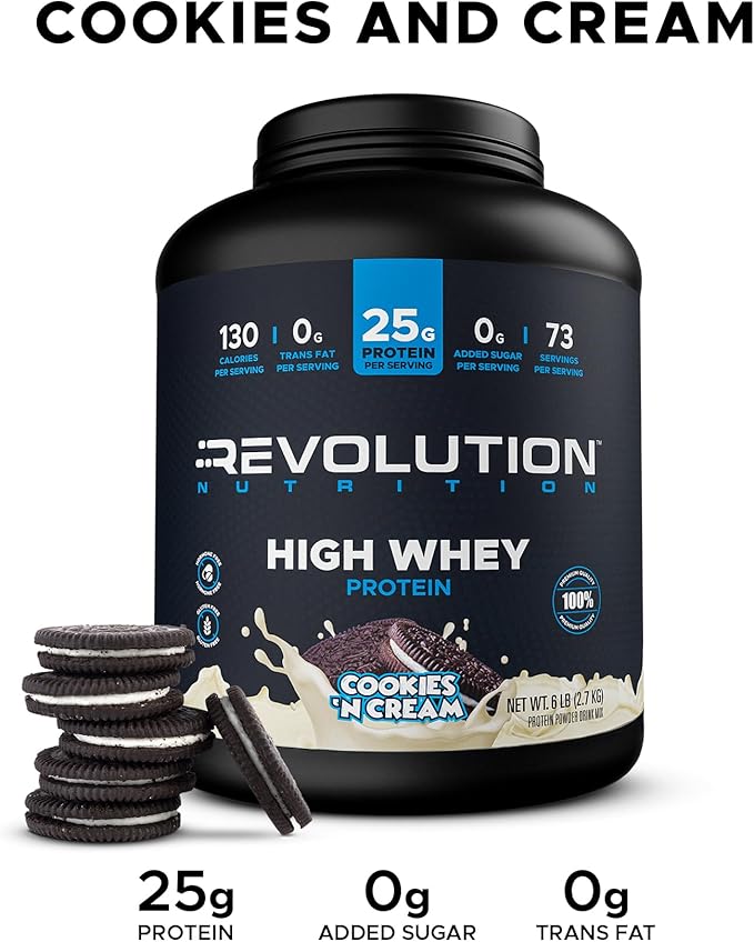 Revolution Nutrition High Whey Protein Powder 6LB Whey Isolate Gluten Free Lean Muscle Mass for Men &amp Women 25g of Protein Per Scoop 2.7kg 73 Servings (Cookies &amp Cream 6 Pound)