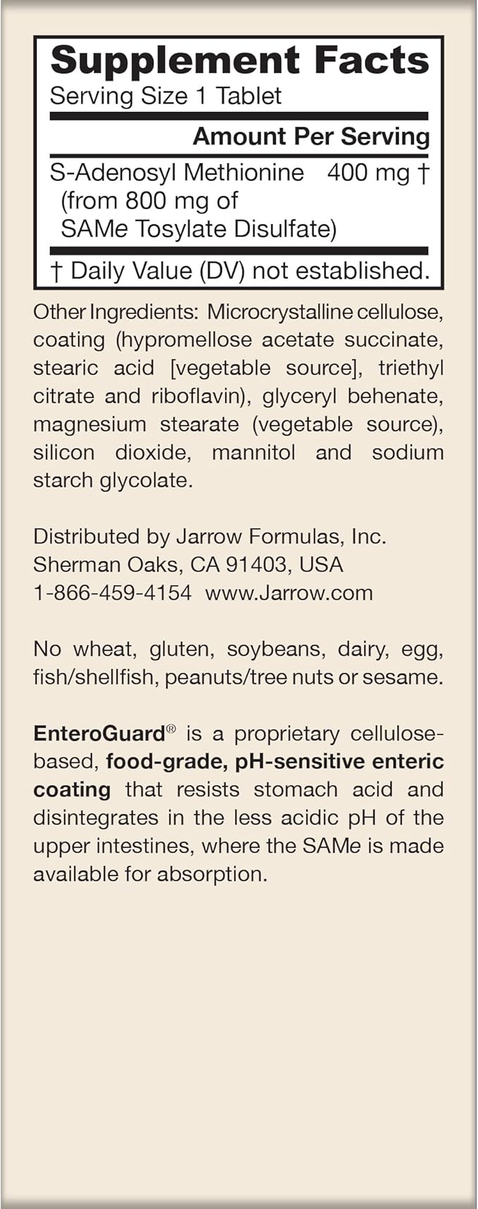 Jarrow Formulas SAMe Supplement 400 mg - 60 Tablets - High Concentration of Active SS Form - Supports Joint Health Liver Function Brain Metabolism Balanced Mood &amp Antioxidant Defense - 60 Serv