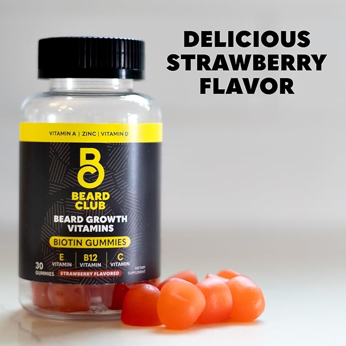 The Beard Club Biotin Beard Growth Vitamin Gummies - Hair Supplement for Men - Vitamins B12 E &amp C to Support a Thicker Fuller Looking Facial Hair - Strawberry Gummy