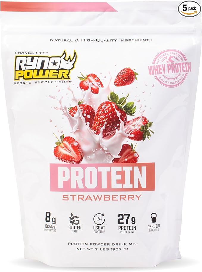 Ryno Power All Natural Whey Protein 2lb (20 Servings) 'Strawberry' - 100% Whey Protein Blend &amp No Fillers - Non GMO