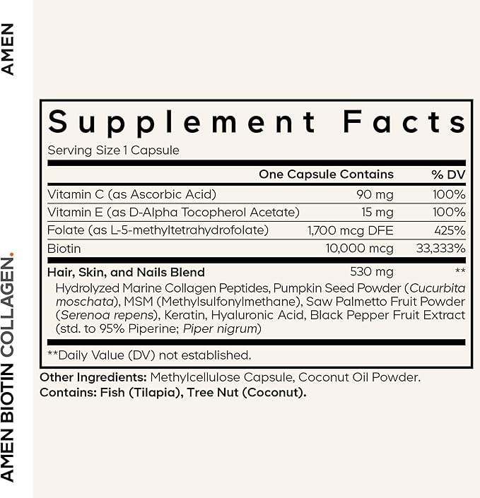 Amen Biotin Collagen Vitamins+ 10000 mcg Biotin Supplement - Hydrolyzed Collagen Vitamins C &amp E Folate Hyaluronic Acid Keratin MSM Saw Palmetto - 3-Month Supply - Non-GMO - 90 Capsules