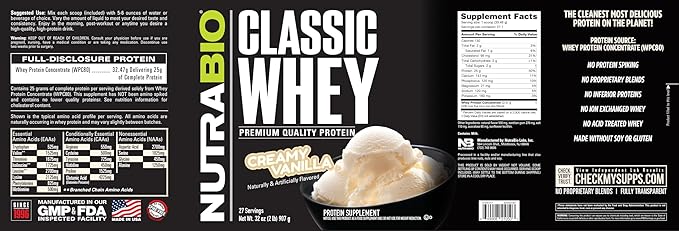 NutraBio Classic Whey Protein Powder- 25G of Protein Per Scoop - Full-Spectrum Amino Acid Profile - No Fillers Artificial Colors Preservatives - Low Glycemic Index - Creamy Vanilla 2 Pounds