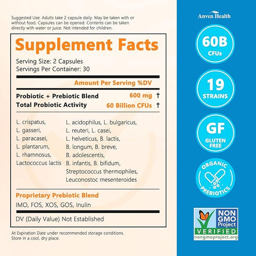 60 Billion Probiotics for Women and Men 19 Strains 5 Organic Prebiotics for Gut Digestive &amp Immune Health Supports Diarrhea Gas Bloating Vegan Probiotic Supplement Formula丨120 Caps