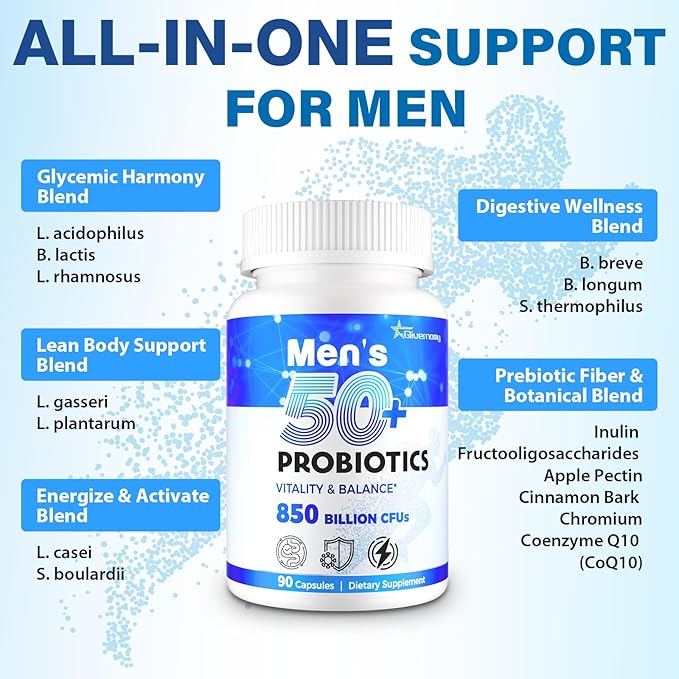 Probiotics for Men Advanced 50+ Mens Probiotic Comprehensive Gut &amp Energy Support with 850 Billion CFU 1800mg Prebiotics Fiber – Tailored Wellness mens probiotics for gut health over 50 90 Cap