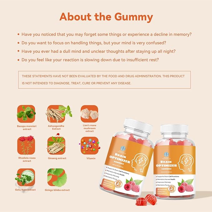 Gummies - Brain Supplement for Memory Focus &amp Attention - Cognitive Support with Magnesium Omega 3 Ashwagandha - 90 Count Raspberry Flavor