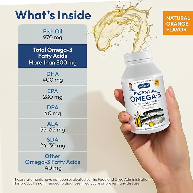 ANDREW LESSMAN Essential Omega-3 Orange - 360 Softgels - Ultra-Pure High Potency Omega-3 Oils. High DHA No Stomach Upset No Contaminants No Mercury. Small Easy to Swallow Softgels