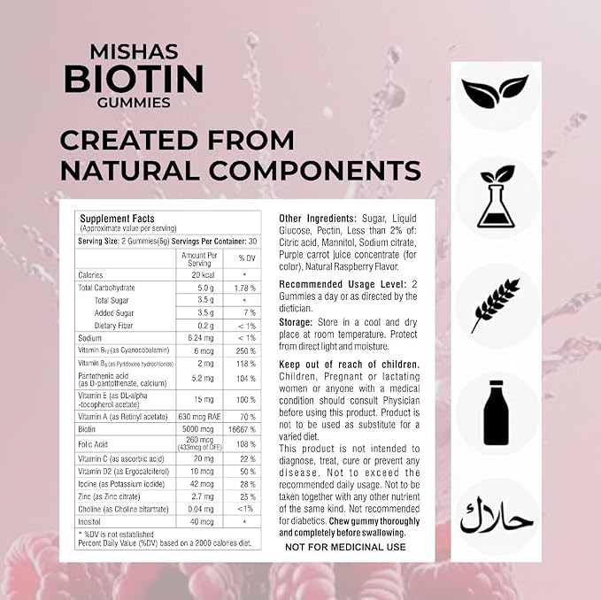 Mishas Nutraceuticals Hair Skin &amp Nails Gummies - Supports Healthy Hair - Vegan biotin Vitamins for Women &amp Men Supports Faster Hair Growth Stronger Nails Healthy Skin Extra Strength 60 Cou