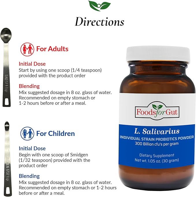 Foods For Gut Lactobacillus Salivarius Probiotic Powder 300 Billion cfu's | Made in USA | No Additives | Digestive &amp Immune Support | High Potency | L.Salivarius | 30 Gram (1.05 Oz)