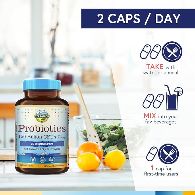 Terranics Daily Probiotics for Men &amp Women 150 Billion 25 Strains Probiotics with Prebiotics &amp Enzymes Delayed Release Shelf Stable 60 Veggie Caps