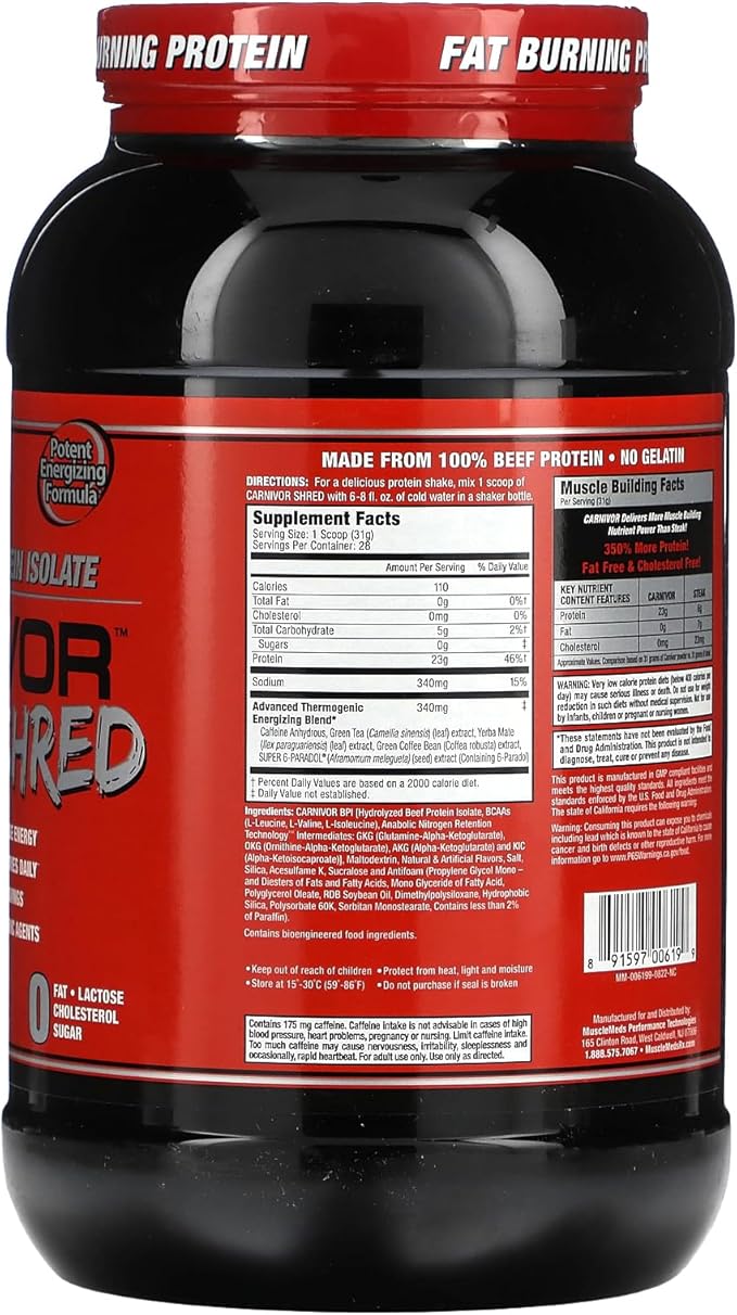 MuscleMeds Carnivor Shred Fat Burning Hydrolized Beef Protein Isolate 0 Lactose 0 Sugar 0 Fat Vanilla Caramel 2 Pound 28 Servings
