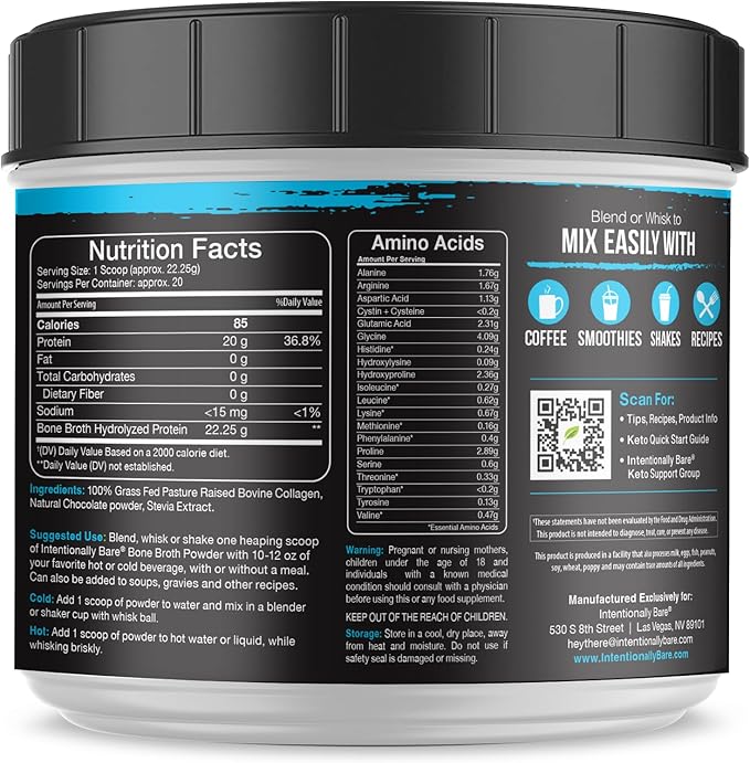 Intentionally Bare Bone Broth Protein Powder Chocolate - Grass Fed Protein Powder with Multi Collagen Peptides Type 1 2 and 3 - Dairy Free Bone Broth Powder for Skin Gut and Joint - 20 Servings