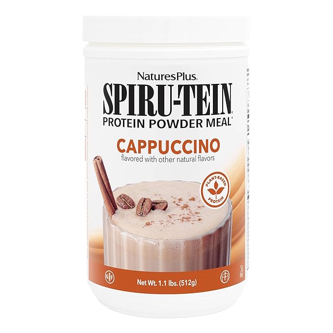 NaturesPlus SPIRU-TEIN Cappuccino - 1.1 lbs - Plant-Based Protein Shake - Non-GMO Vegetarian Gluten Free - 16 Servings
