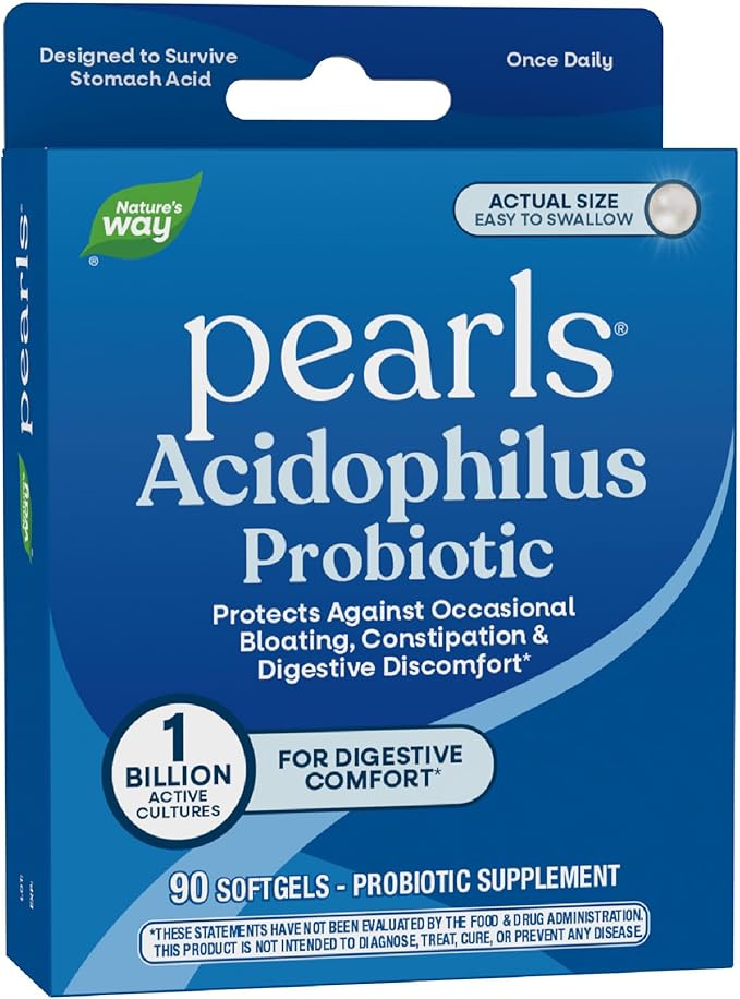 Nature's Way Probiotic Pearls Acidophilus Supports Digestive Balance &amp Gut Health Reduce Occasional Constipation and Bloating* 1 Billion Cultures 90 Softgels