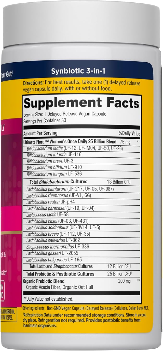 Renew Life Ultimate Flora Women's Probiotic and Prebiotics | 25 Billion CFU | 30 Delayed Release Capsules | 3 in 1 Synbiotic | Supports Digestive and Immune Health | Dairy Soy and Gluten-Free