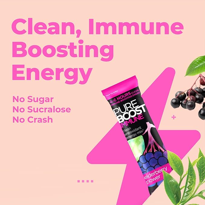 Pureboost Immune Clean Energy Booster Refreshing Energy Drink Mix and Immunity Supplement with Elderberry 1200 mg Vitamin C Vitamins A + D and Zinc. (Elderberry Power 30 Count)
