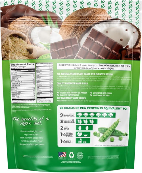 About Time Vegan Protein Powder 20g Chocolate Natural Ingredients Non-GMO Plant Based Gluten Free Soy Free Dairy Free 32 Servings