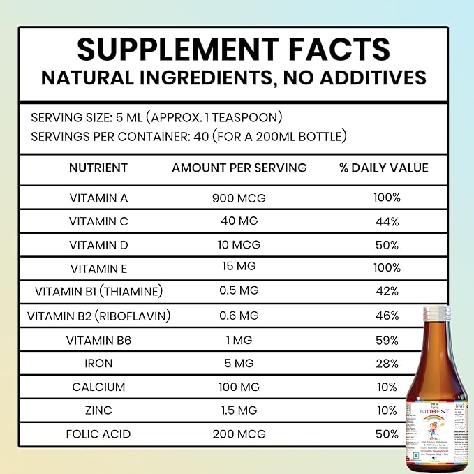 Kidbest Multivitamin Syrup for Kids 3-13 Years – Liquid Formula with 13 Nutrients for Appetite Immunity and Growth – Tasty Daily Vitamins for Stronger Kids | Toddler multivitamin for kids|200ml