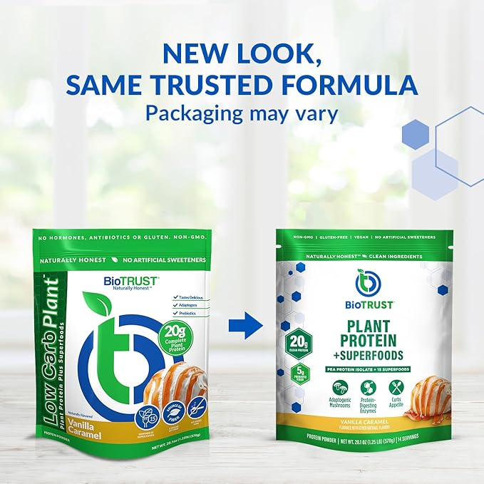 BioTrust Low Carb Plant Delicious Creamy 20 Grams of Clean Complete Plant-Based Protein 5 Grams Fiber 15 Superfoods Vegan Dairy-Free -14 Servings (Vanilla Caramel)