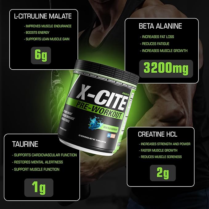X-CITE Pre-Workout by ATHLEAN-X - Enhanced Formula with Beta-Alanine Creatine &amp Caffeine for Ultimate Energy Endurance Focus &amp Muscle Pump NSF Certified for Sports (Sour Blue Raspberry)